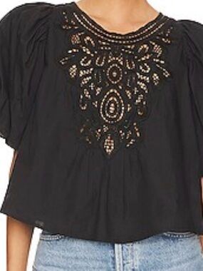 Free People Black Embroidered Puff-Sleeve Blouse